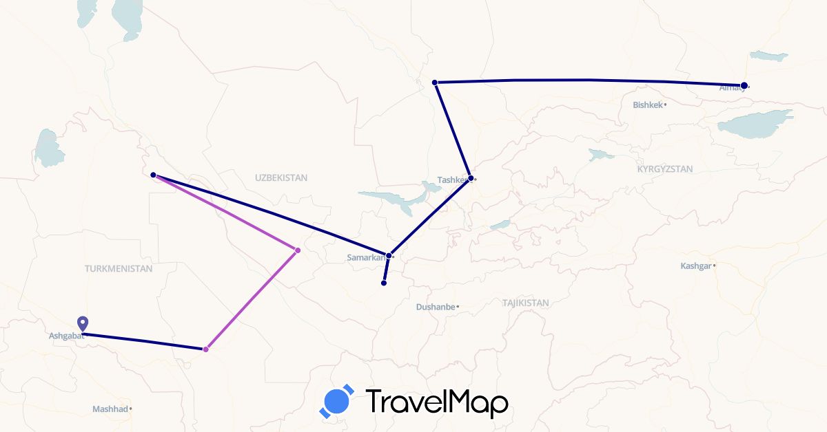 TravelMap itinerary: driving, train in Kazakhstan, Turkmenistan, Uzbekistan (Asia)